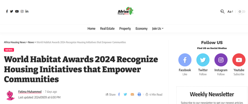 African Housing News: World Habitat Awards 2024 Recognize Housing Initiatives that Empower Communities