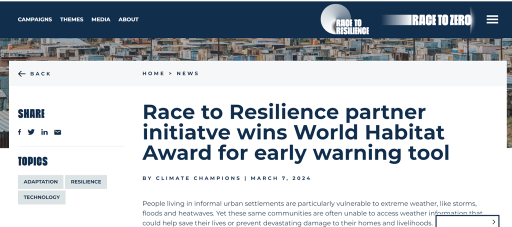 Race to Resilience partner initiative wins World Habitat Award for early warning tool